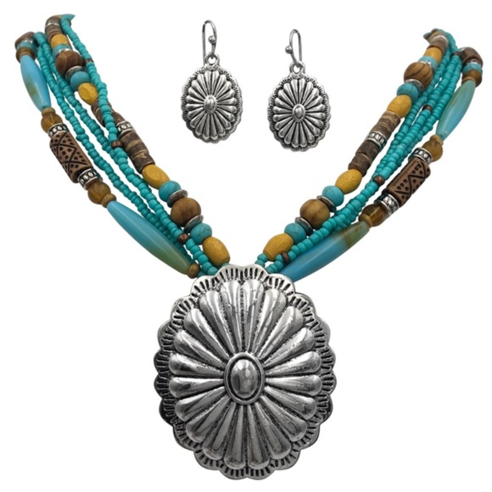 Blue & Brown Layered Bead Concho Necklace Earrings